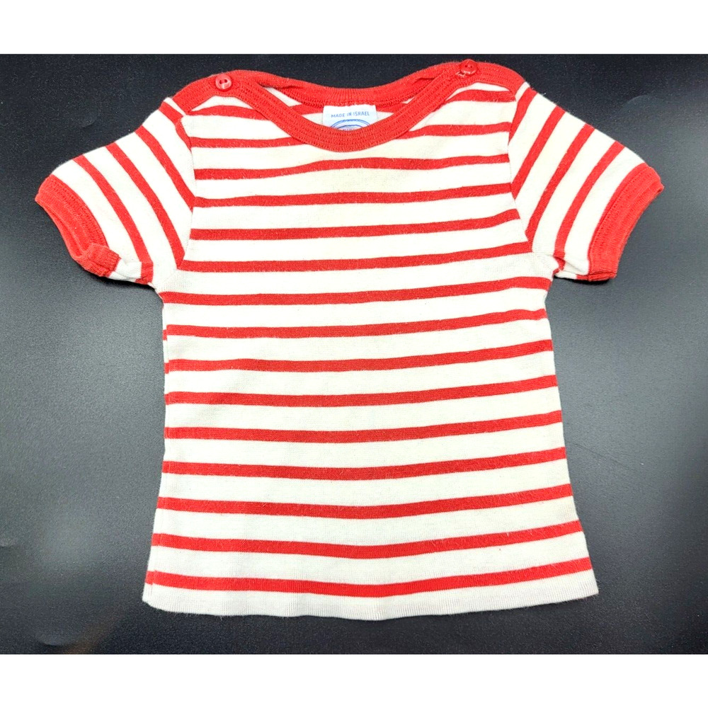 Vintage 80s Red White Striped Toddler Tee 18M Cotton Blend Made in Israel YK